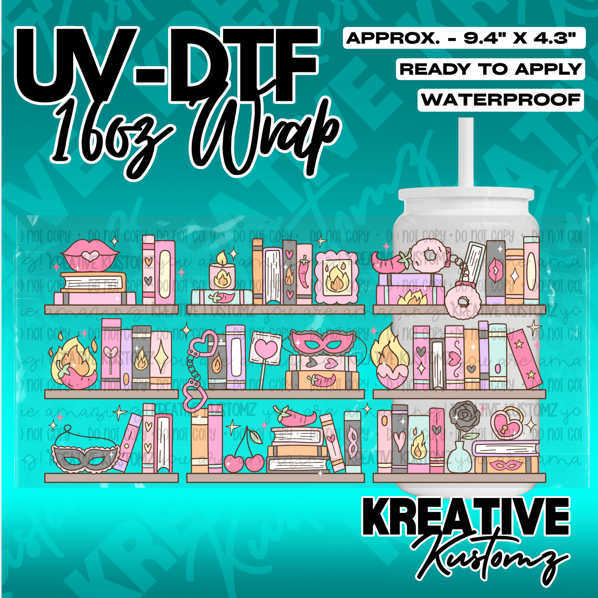 A UV DTF wrap for a 16oz glass cup featuring a colorful bookshelf design with romantic icons.