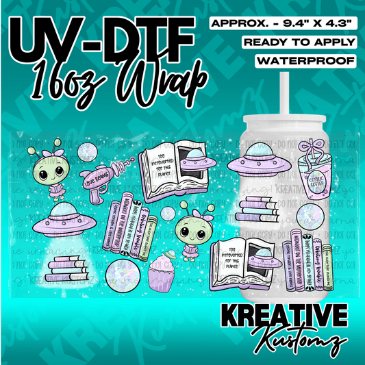 A UV DTF adhesive wrap for a 16oz glass cup featuring cute alien and space-themed illustrations.