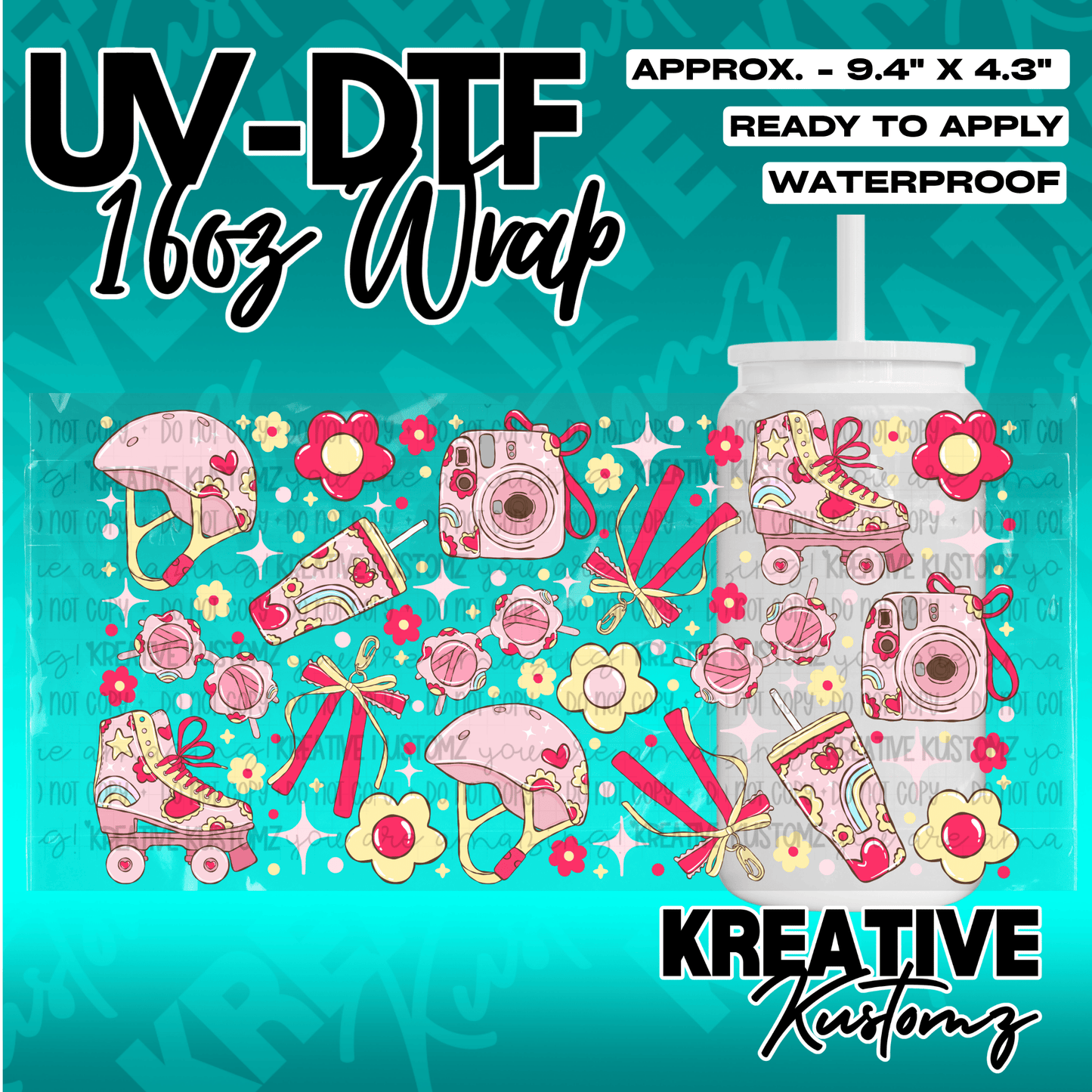 A pink and red patterned UV DTF adhesive wrap for a 16oz glass cup featuring roller skates.