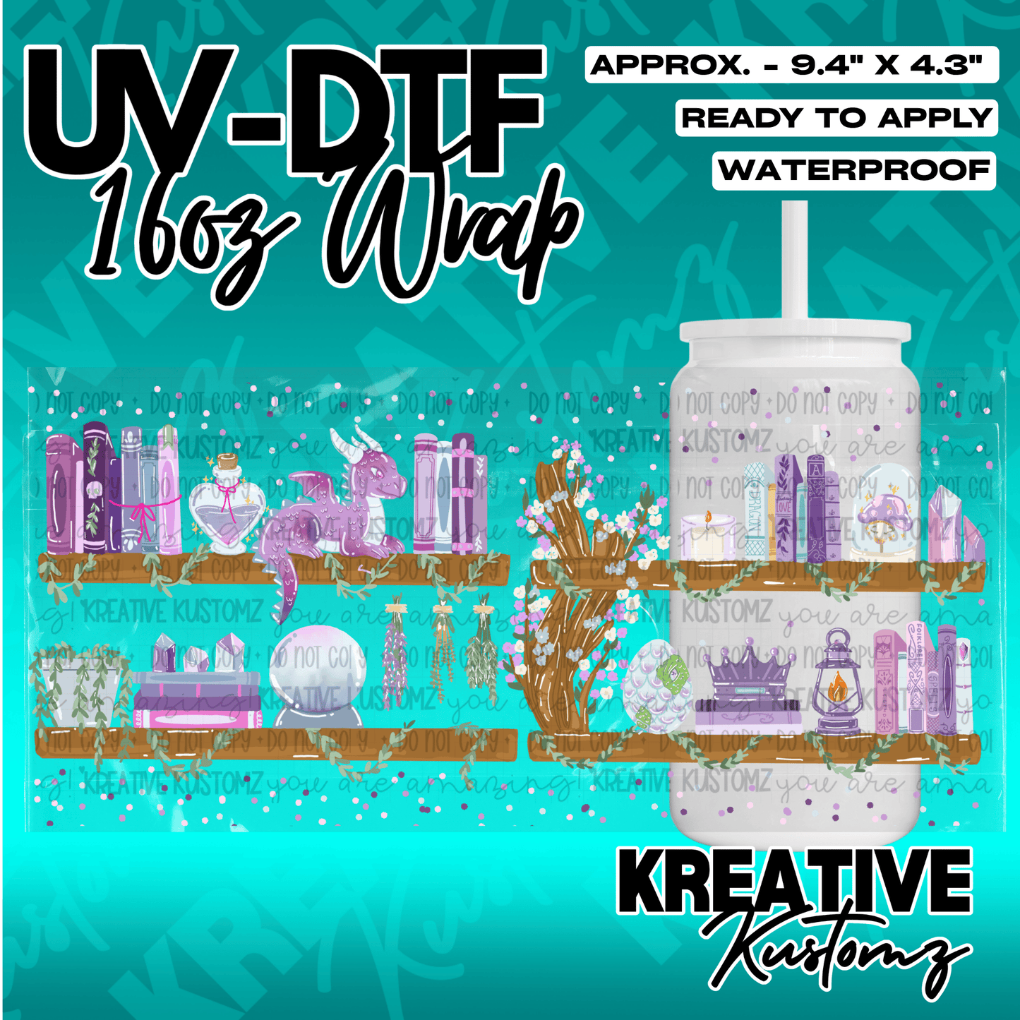 A fantasy-themed UV DTF cup wrap featuring shelves with books, a dragon, and magical items.