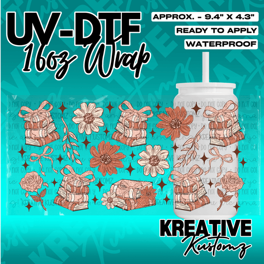 A UV DTF wrap for a 16oz glass cup featuring a pattern of stacked books, flowers, and bows.