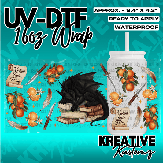 A UV DTF adhesive wrap for 16oz glass cans featuring a dragon on books, oranges, and daggers.