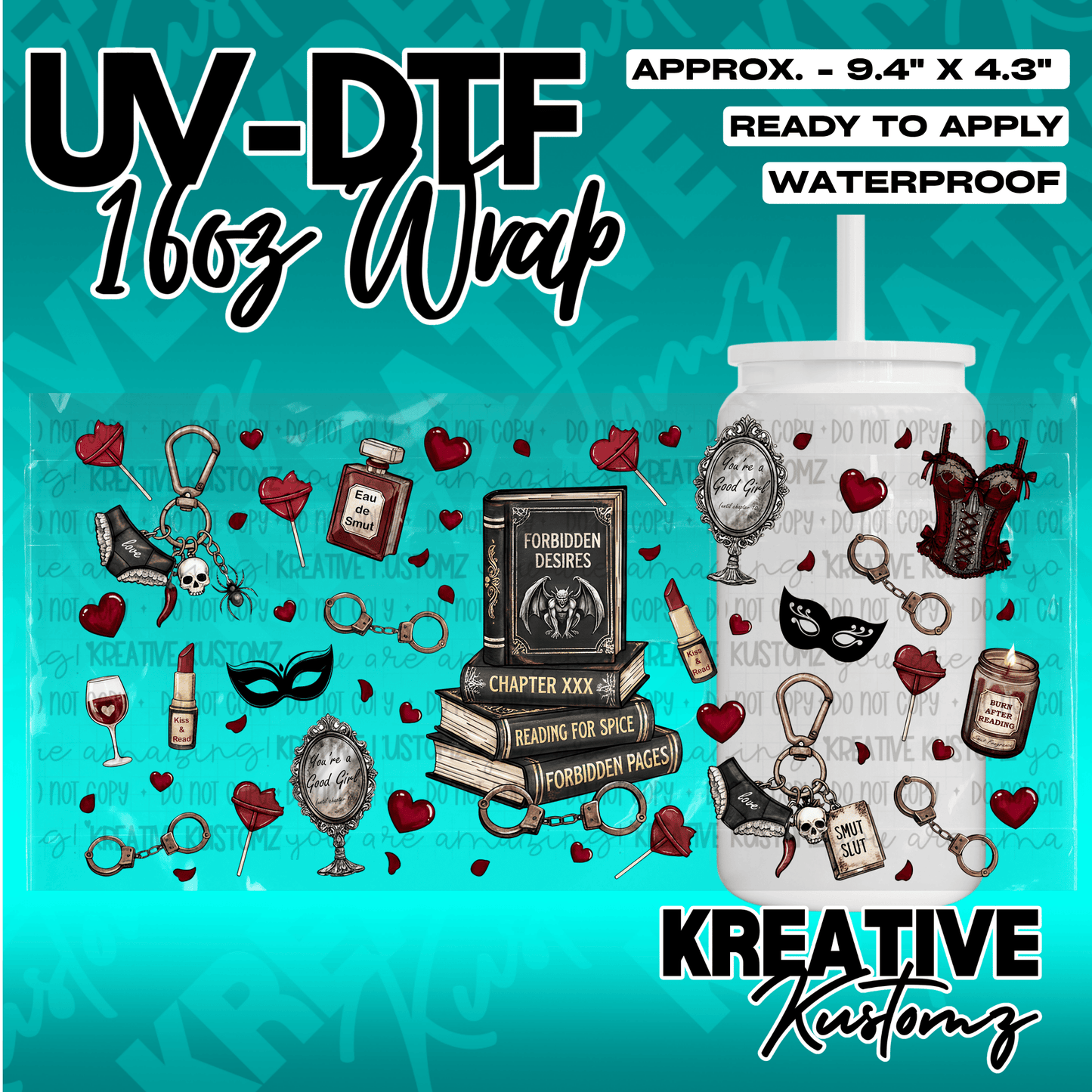 A UV DTF wrap for a 16oz glass can featuring a romance book theme with hearts and accessories.
