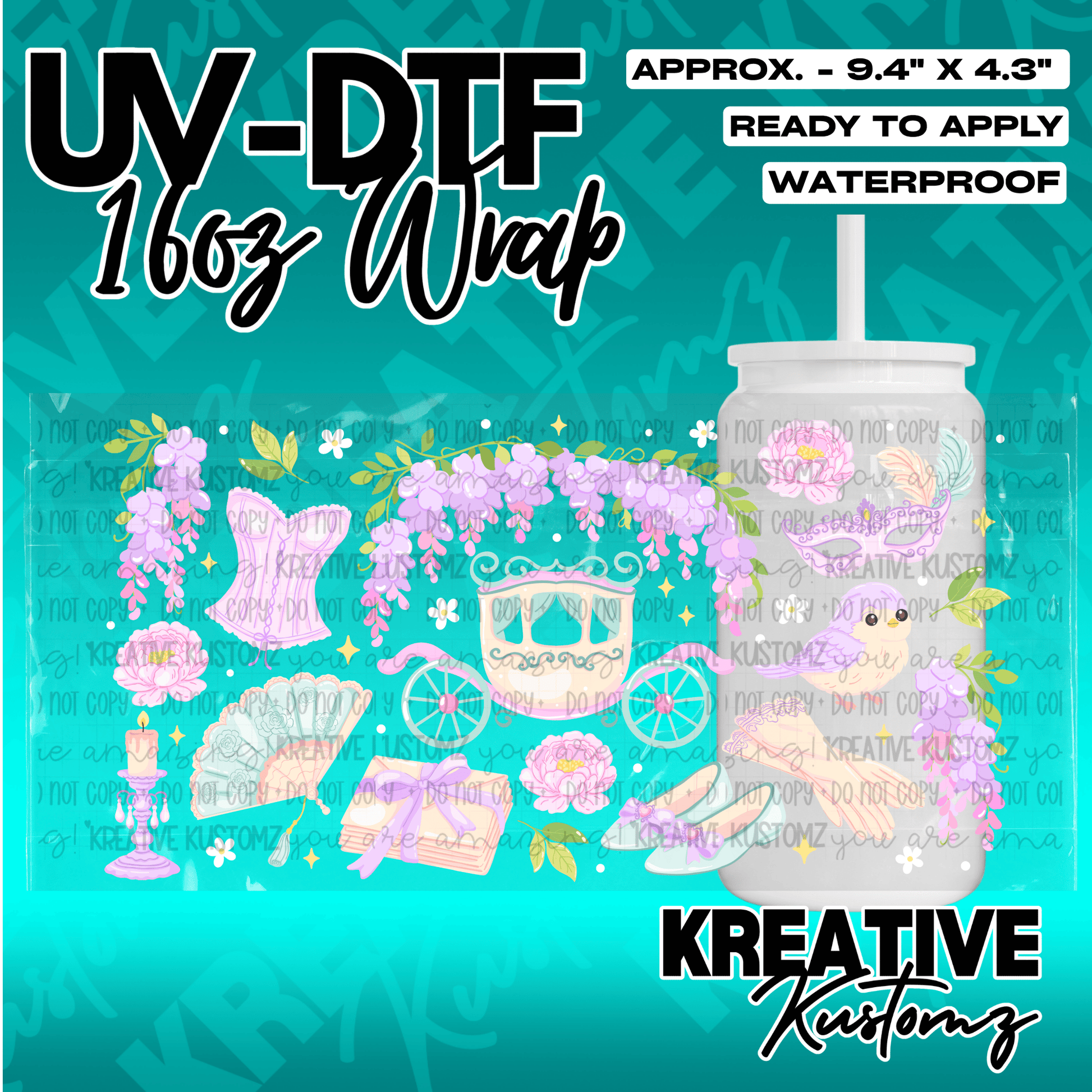 A floral and carriage themed UV DTF adhesive wrap for a 16oz glass can.