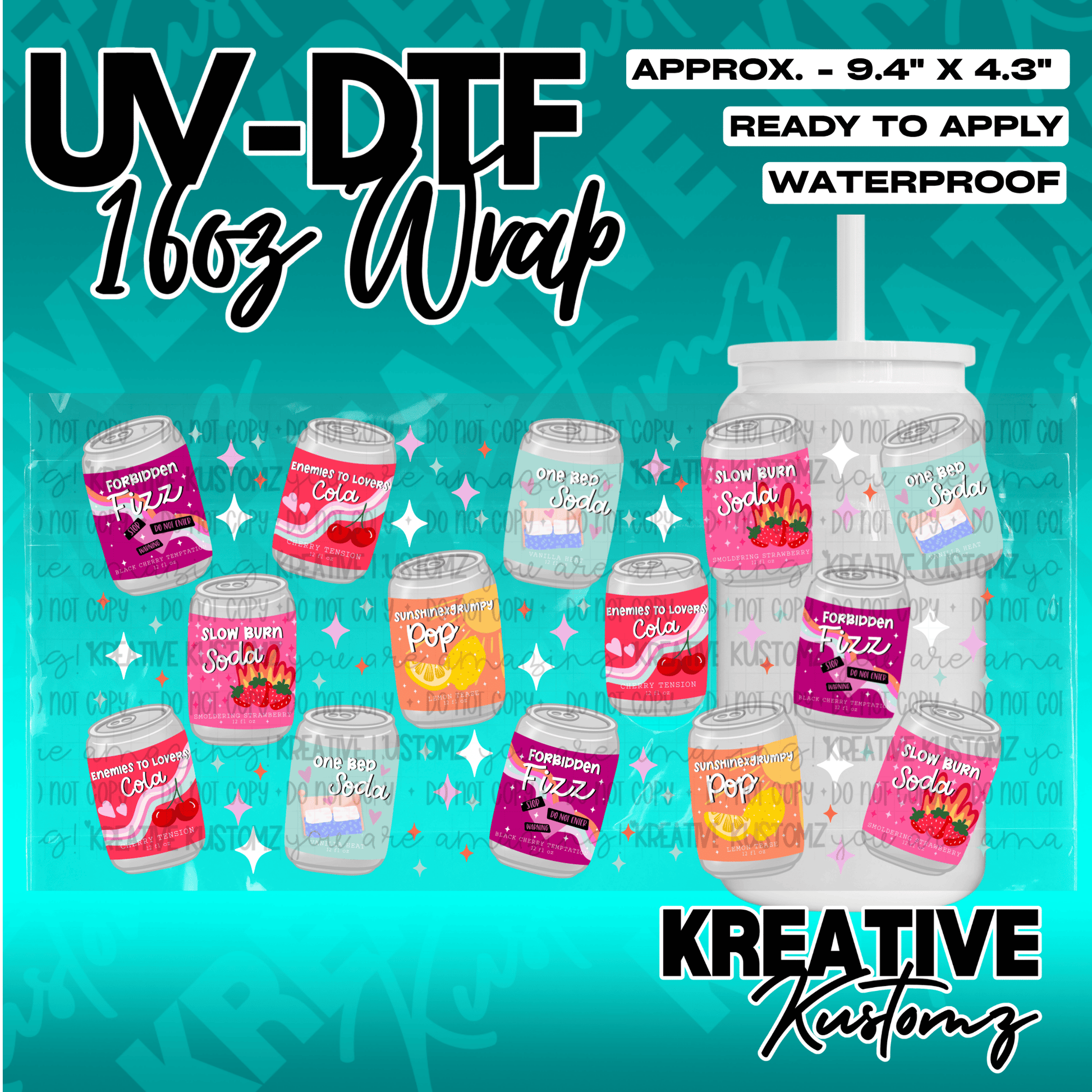 A waterproof UV DTF wrap for 16oz glass cans featuring a pattern of colorful soda can illustrations.