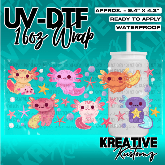 A UV DTF adhesive wrap featuring colorful axolotls and starfish for a 16oz glass cup.