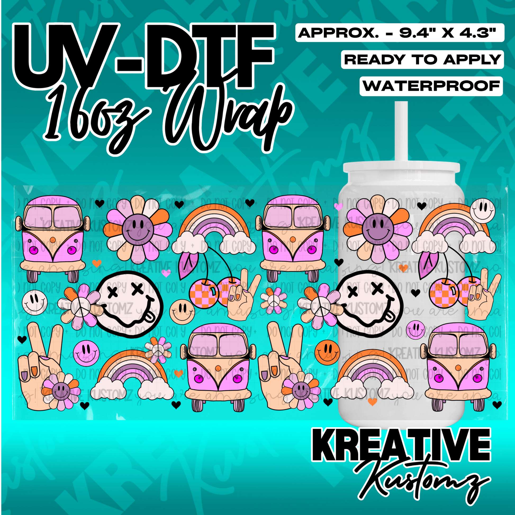 A colorful UV DTF adhesive wrap for 16oz glass cans featuring retro vans, flowers, and rainbows.