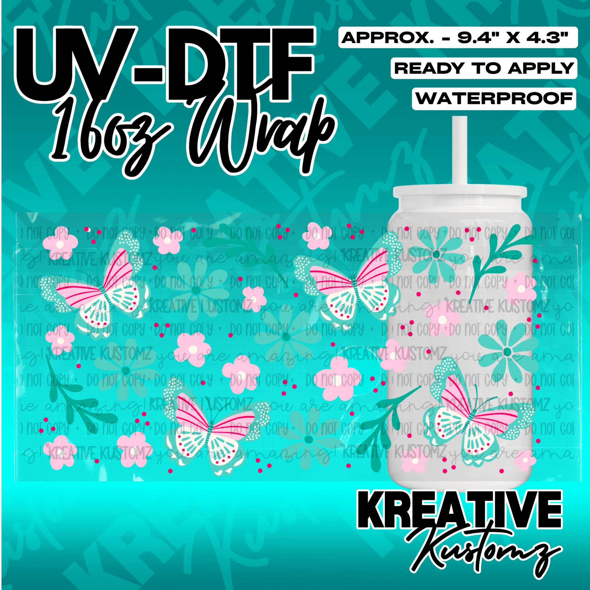 A floral UV DTF adhesive wrap featuring butterflies and flowers for a 16oz glass can.
