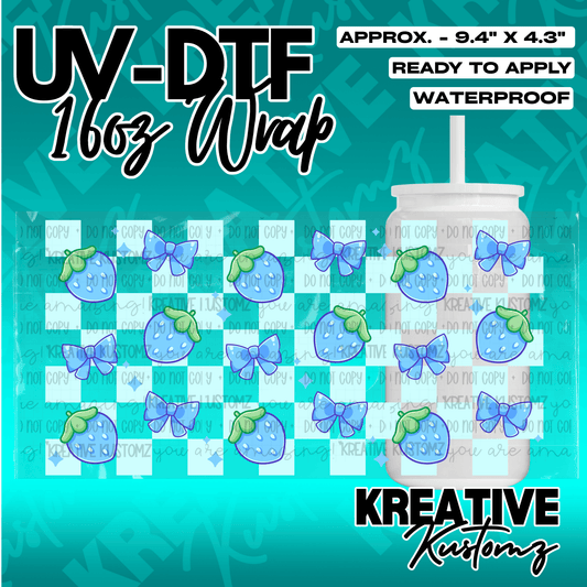 A UV DTF adhesive wrap for 16oz glass cans featuring a blue checkered pattern with blue bows.