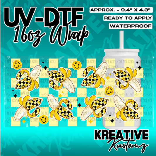 A UV DTF adhesive cup wrap featuring a yellow checkered pattern with bananas and smiley faces.
