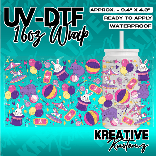 A carnival-themed UV DTF adhesive wrap for a 16oz glass cup featuring bunnies, elephants, and rides.