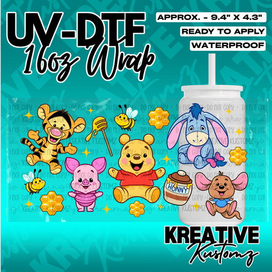 A UV DTF wrap for a 16oz glass cup featuring Winnie the Pooh characters and honeycombs.