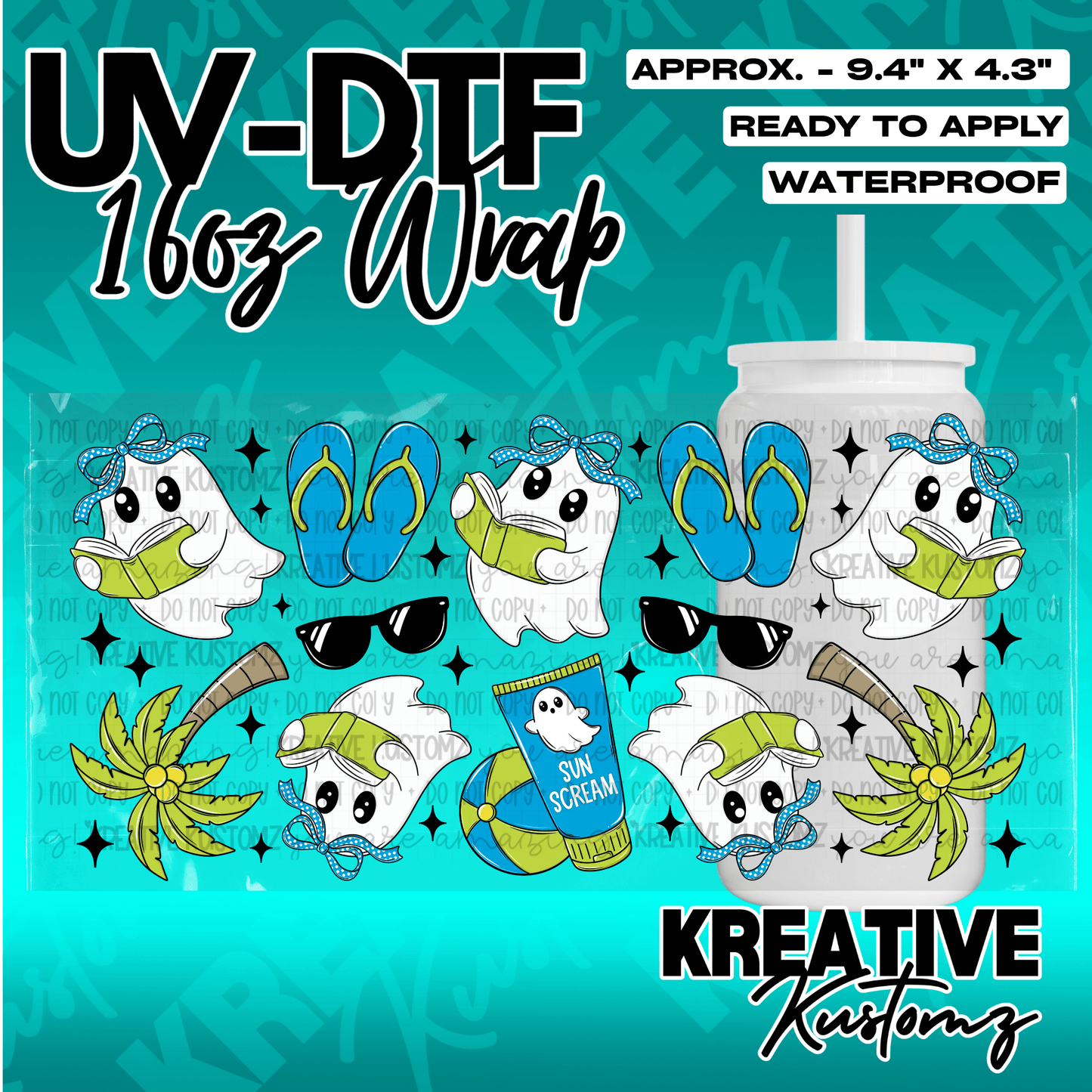 A UV DTF adhesive wrap for a 16oz glass cup featuring a summer ghost theme with beach accessories.