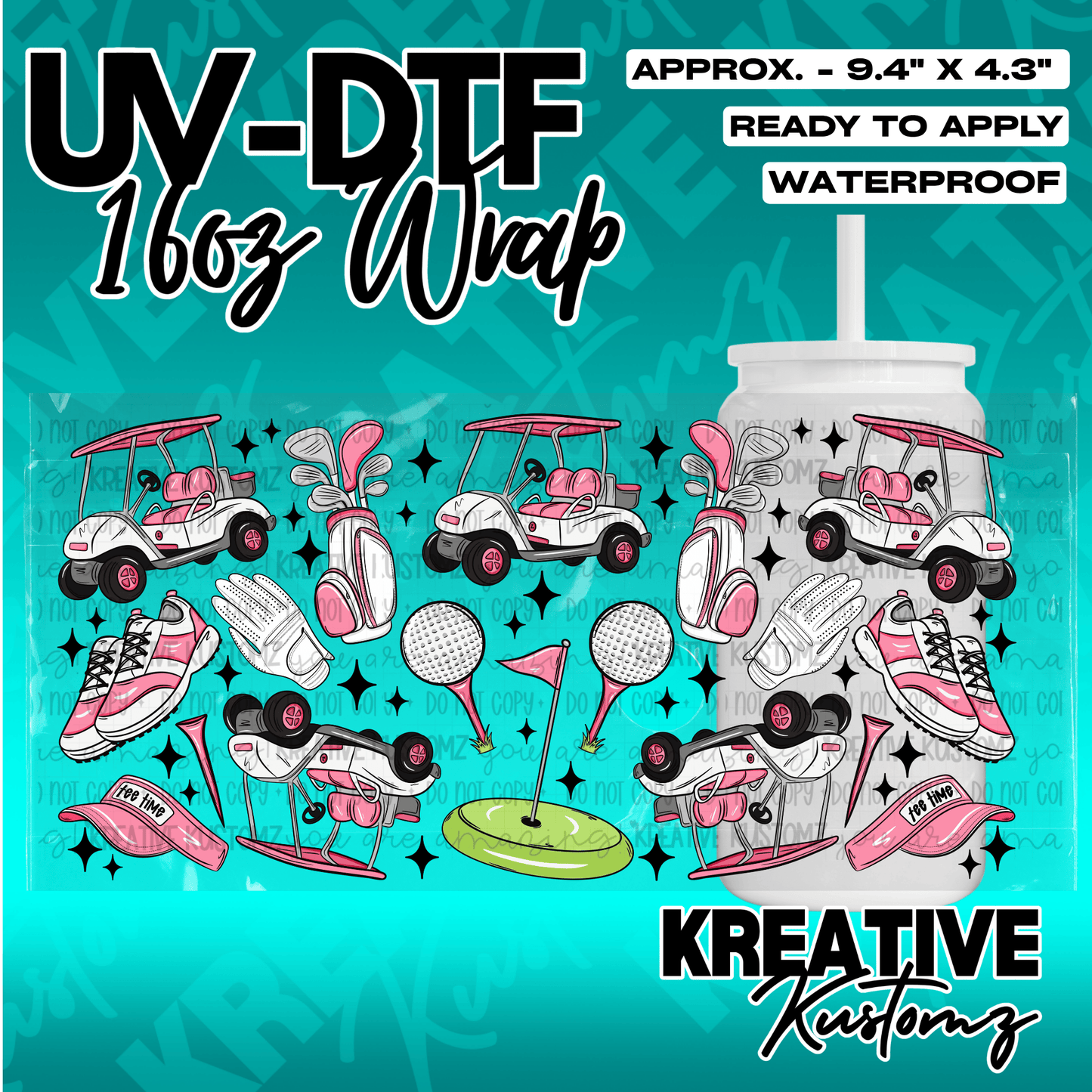 A golf-themed UV DTF adhesive wrap for 16oz glass cans featuring pink golf carts and accessories.