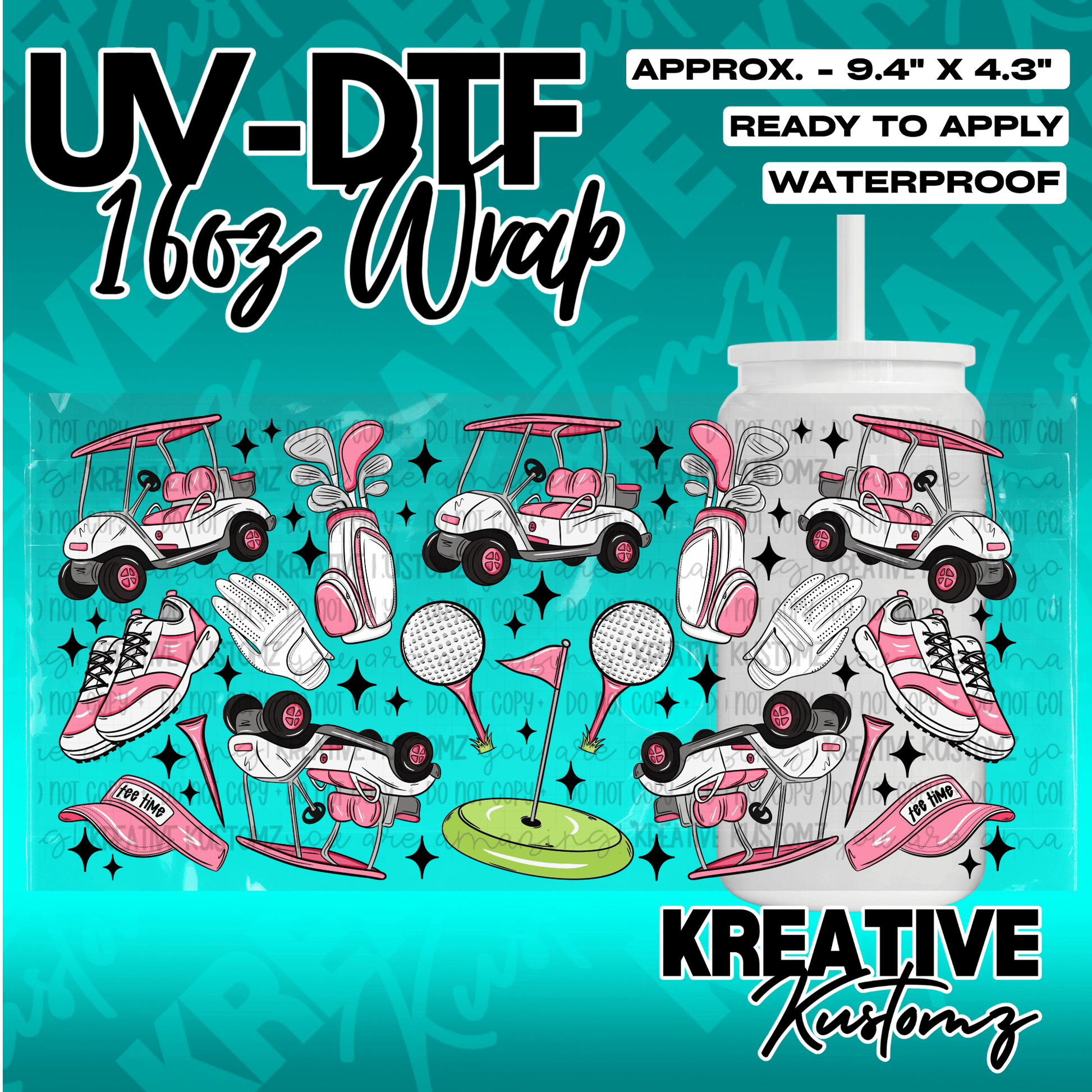 A golf-themed UV DTF adhesive wrap for 16oz glass cans featuring pink golf carts and accessories.