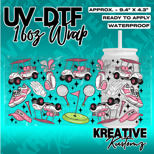 A golf-themed UV DTF adhesive wrap for 16oz glass cans featuring pink golf carts and accessories.