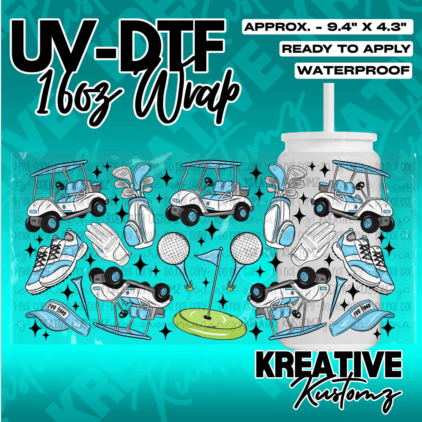 A golf-themed UV DTF adhesive wrap for a 16oz glass can featuring golf carts, clubs, and balls.