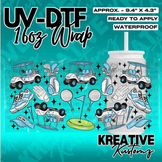 A golf-themed UV DTF adhesive wrap for a 16oz glass can featuring golf carts, clubs, and balls.