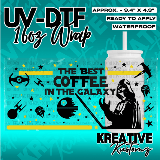 A Star Wars themed UV DTF wrap for a 16oz glass cup featuring Darth Vader and space icons.