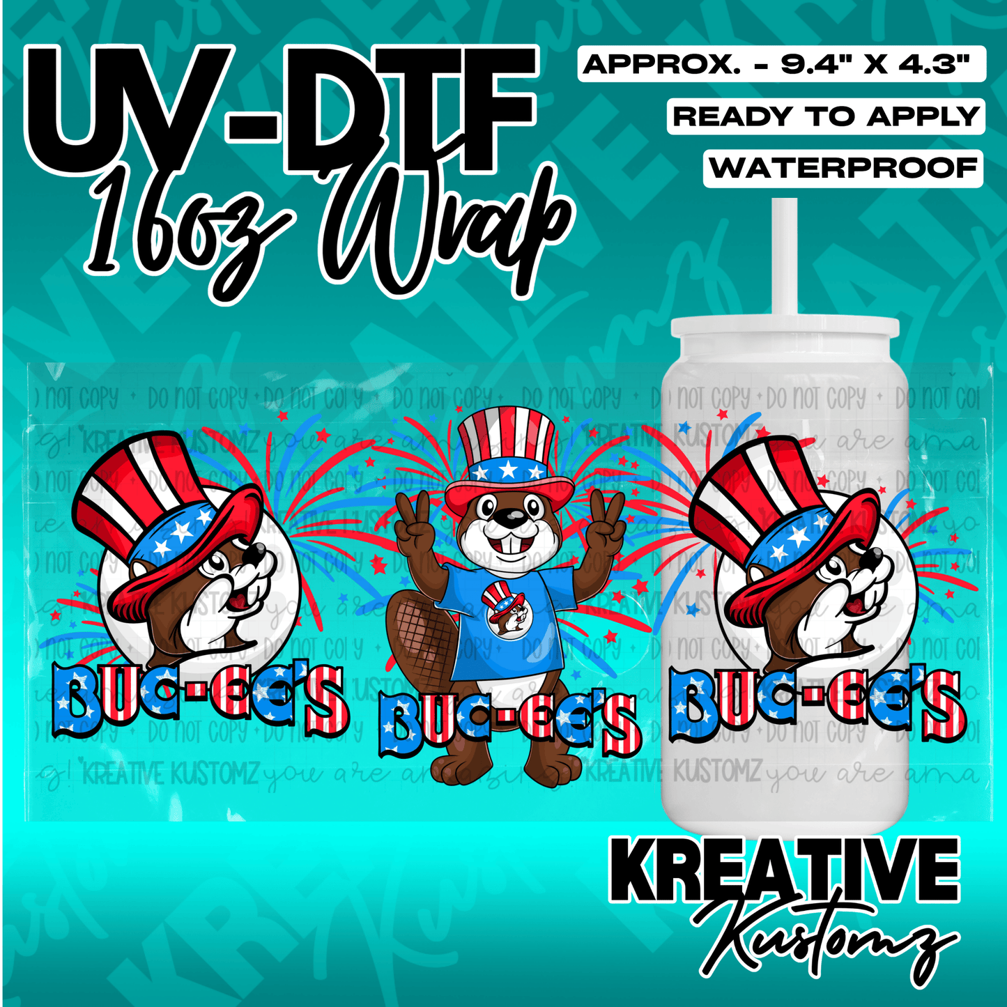 A patriotic Buc-ee's themed UV DTF adhesive wrap for a 16oz glass can.