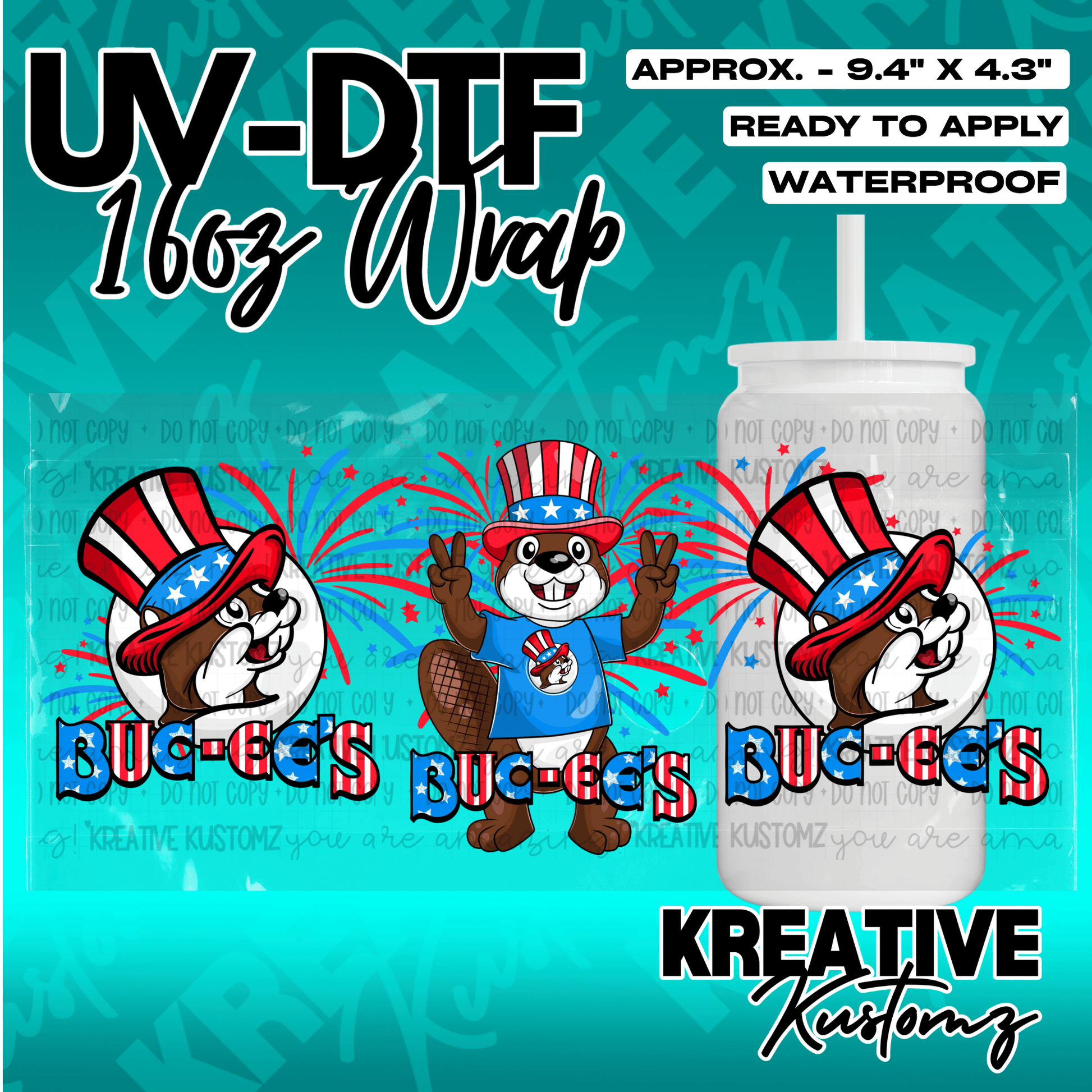 A patriotic Buc-ee's themed UV DTF adhesive wrap for a 16oz glass can.