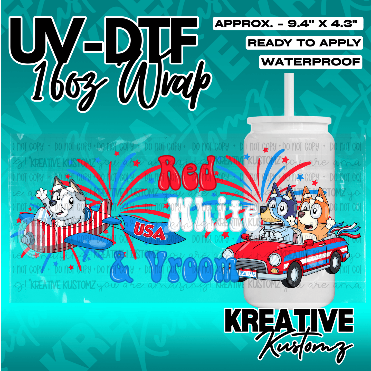 A patriotic Bluey-themed UV DTF cup wrap featuring characters in a plane and car.