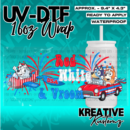 A patriotic Bluey-themed UV DTF cup wrap featuring characters in a plane and car.