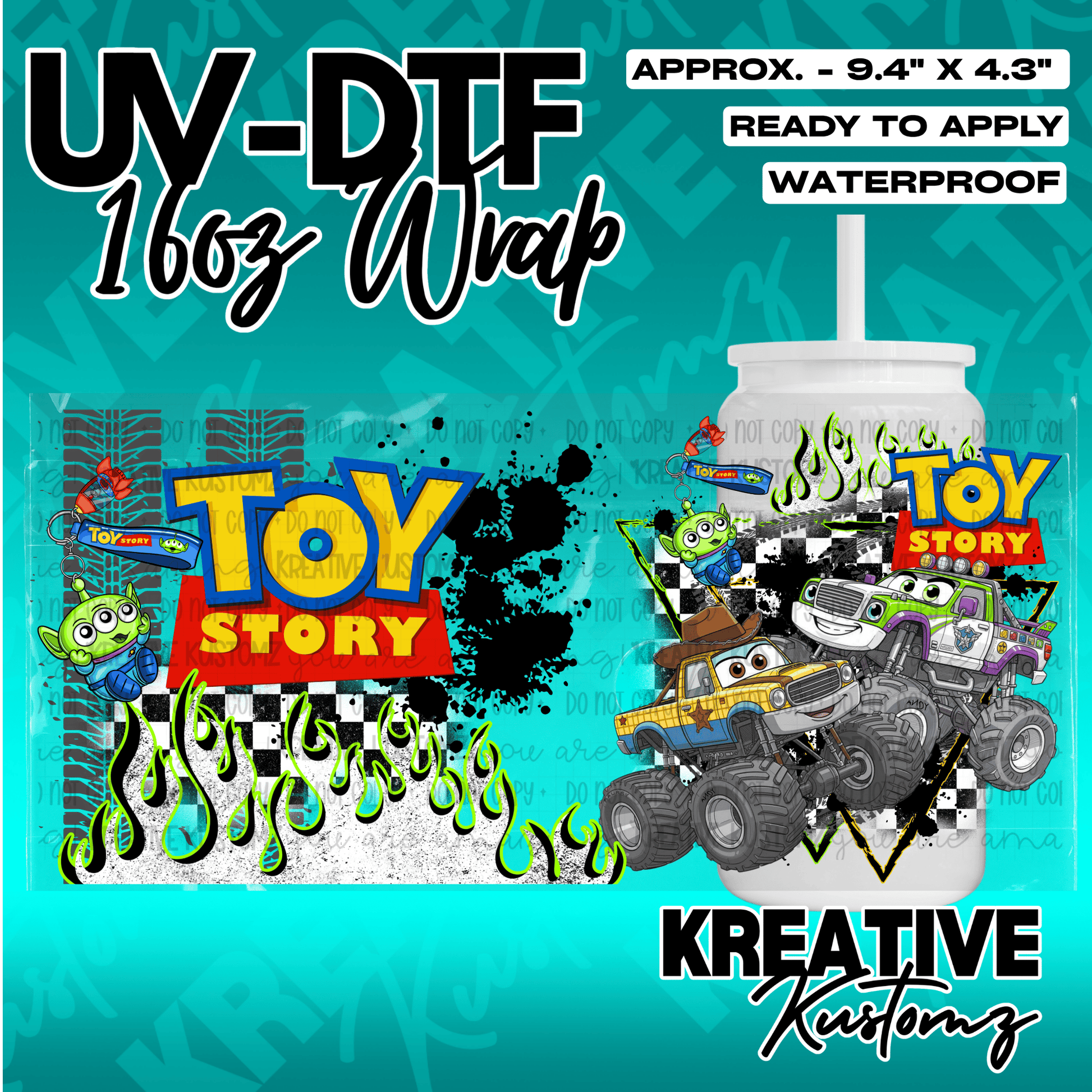 A Toy Story themed UV DTF cup wrap featuring monster trucks and aliens on a checkered background.