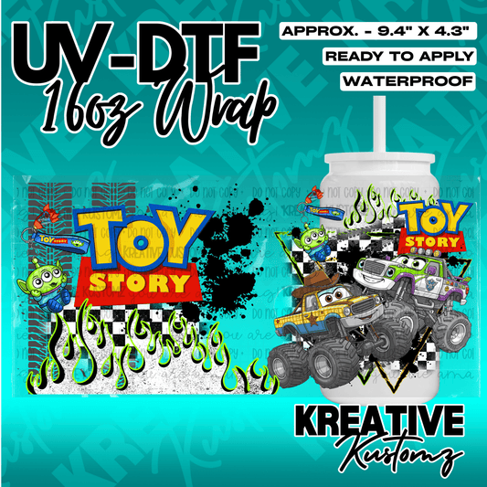 A Toy Story themed UV DTF cup wrap featuring monster trucks and aliens on a checkered background.