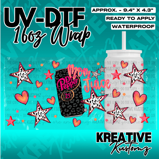 A UV DTF adhesive wrap for 16oz glass cans featuring a Dr. Pepper theme with stars and hearts.