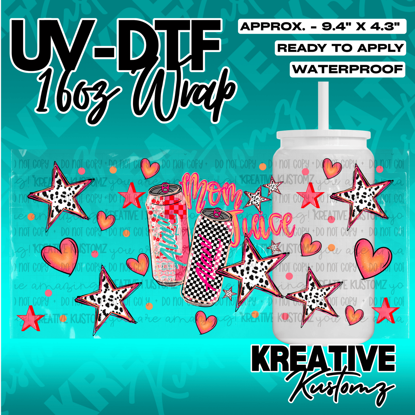 A floral UV DTF adhesive wrap for 16oz glass cans featuring a Mom Juice design with stars.