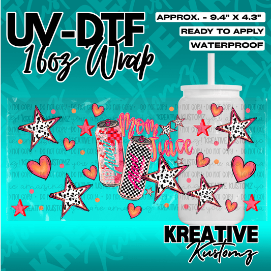 A floral UV DTF adhesive wrap for 16oz glass cans featuring a Mom Juice design with stars.