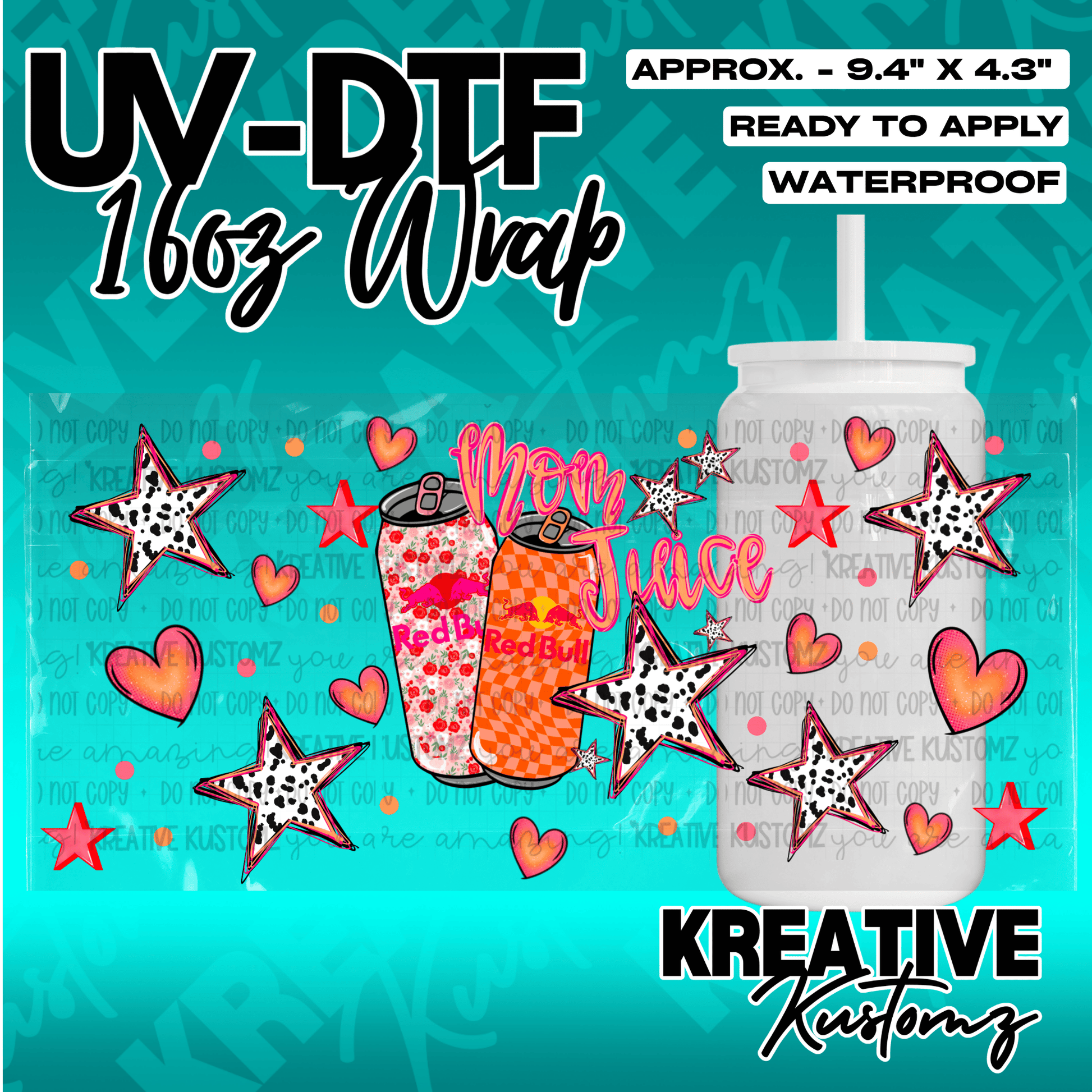 A UV DTF adhesive wrap for 16oz glass cans featuring Red Bull cans, hearts, and stars.