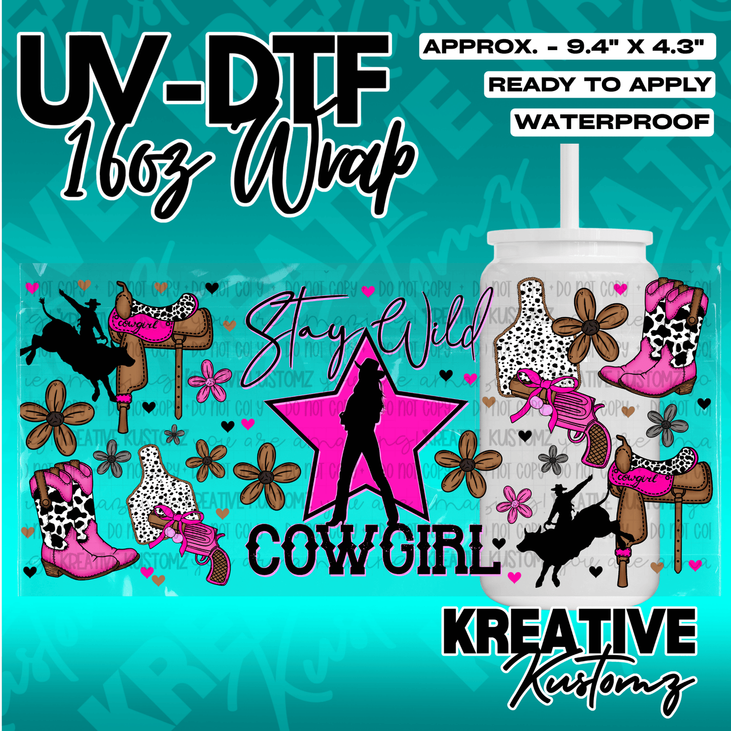 A cowgirl themed UV DTF adhesive wrap for a 16oz glass cup featuring boots, saddles, and stars.
