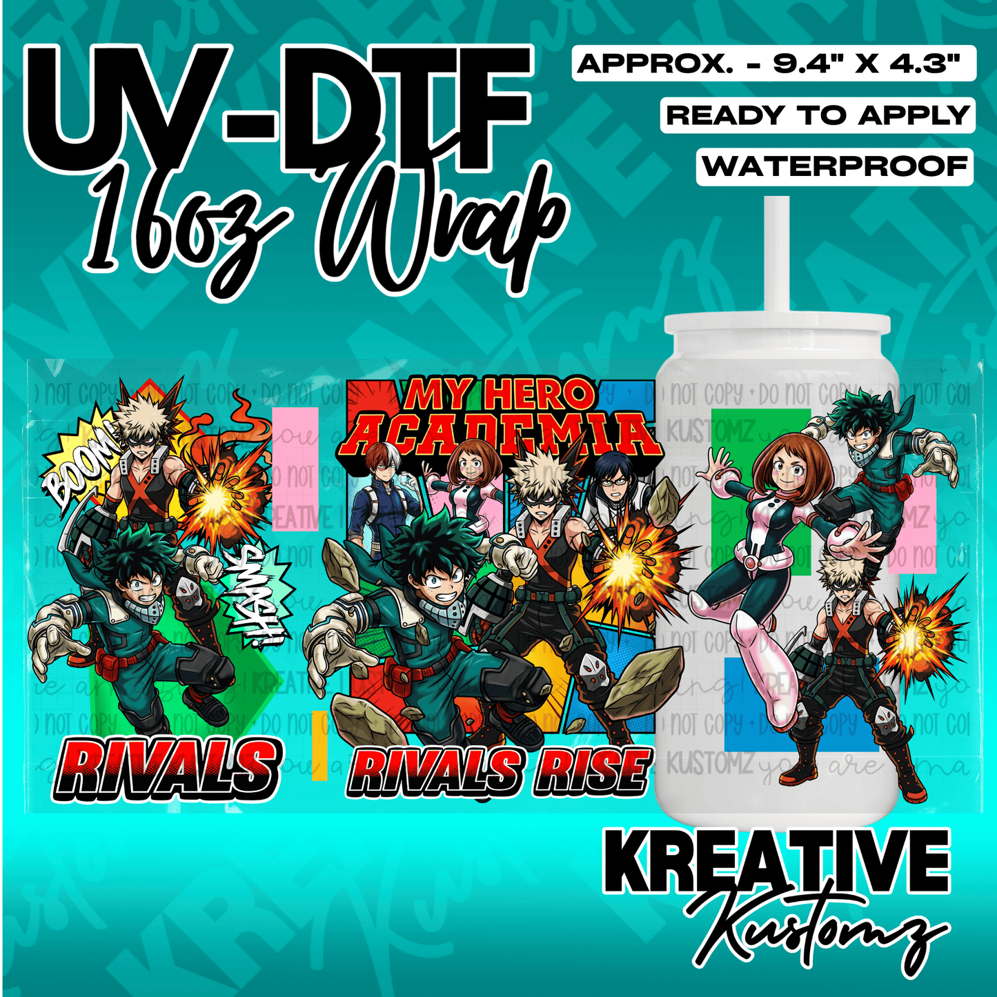 A My Hero Academia themed UV DTF adhesive wrap for a 16oz glass cup.