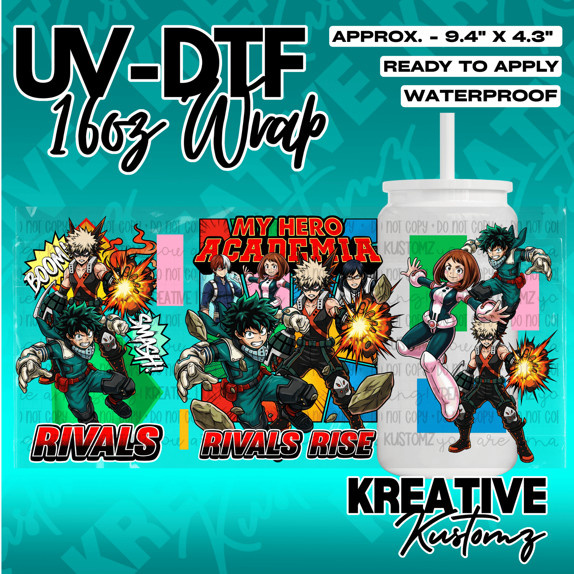 A My Hero Academia themed UV DTF adhesive wrap for a 16oz glass cup.