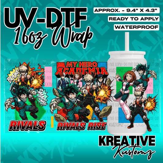A My Hero Academia themed UV DTF adhesive wrap for a 16oz glass cup.