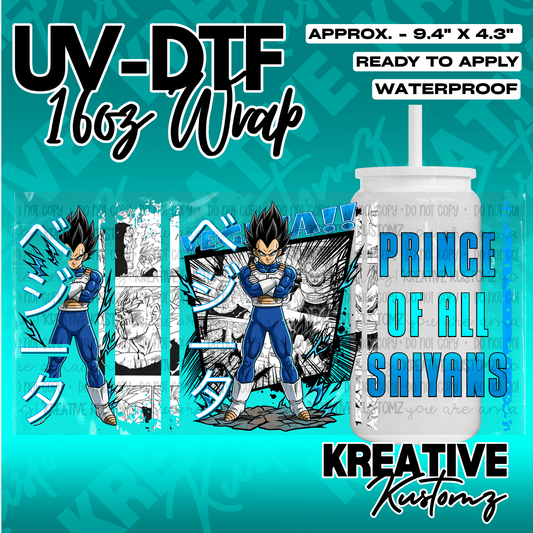 A UV DTF cup wrap featuring Vegeta from Dragon Ball with blue text on a clear backing.