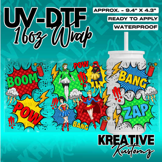 A superhero themed UV DTF adhesive wrap for a 16oz glass cup featuring comic book style graphics.