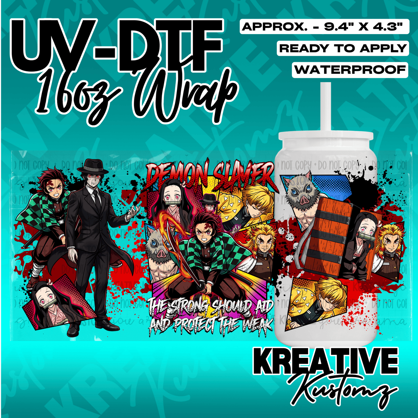 A Demon Slayer themed UV DTF adhesive wrap for a 16oz glass can cup.