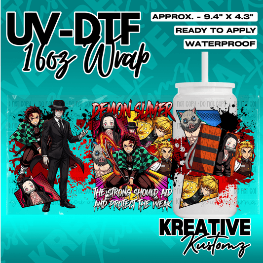 A Demon Slayer themed UV DTF adhesive wrap for a 16oz glass can cup.