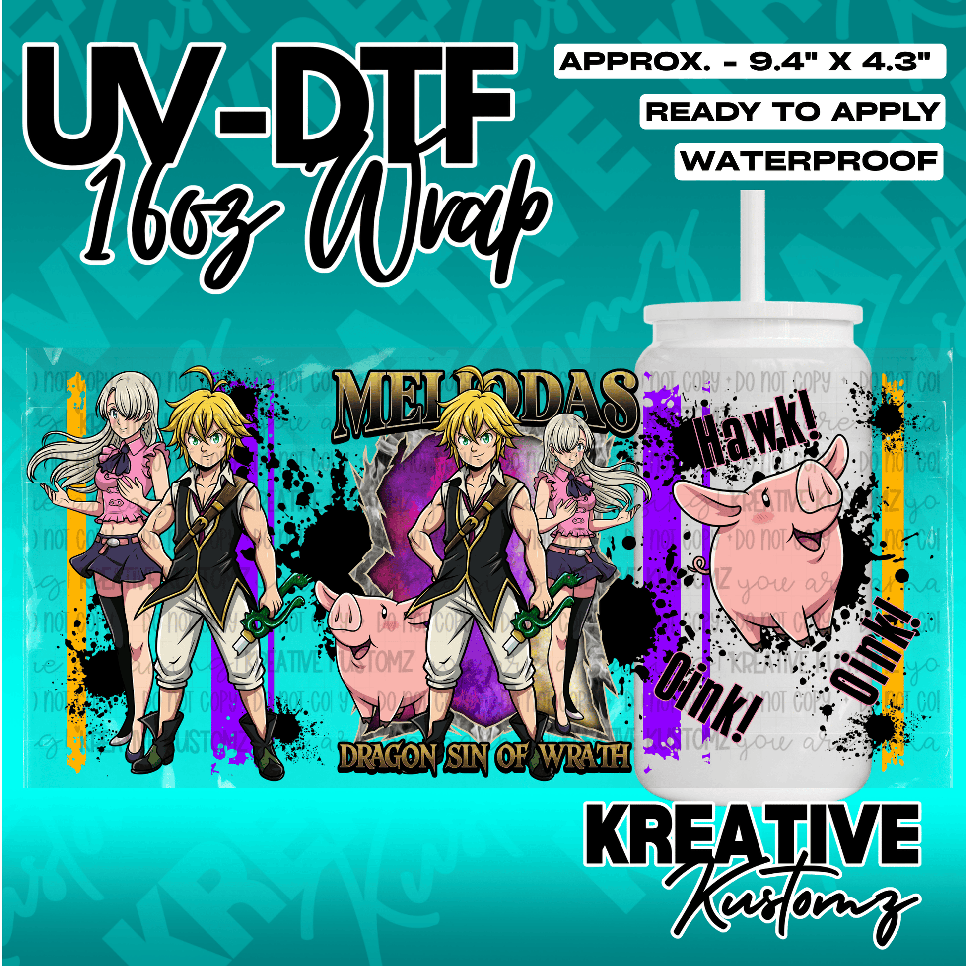 A UV DTF adhesive wrap for 16oz glass cups featuring Meliodas, Elizabeth, and Hawk from anime.