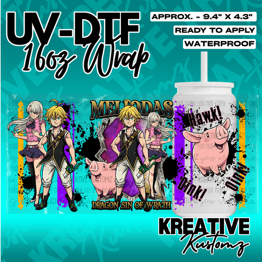 A UV DTF adhesive wrap for 16oz glass cups featuring Meliodas, Elizabeth, and Hawk from anime.