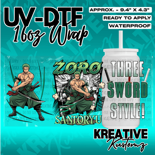 A Zoro themed UV DTF adhesive wrap for a 16oz glass cup featuring anime character graphics.