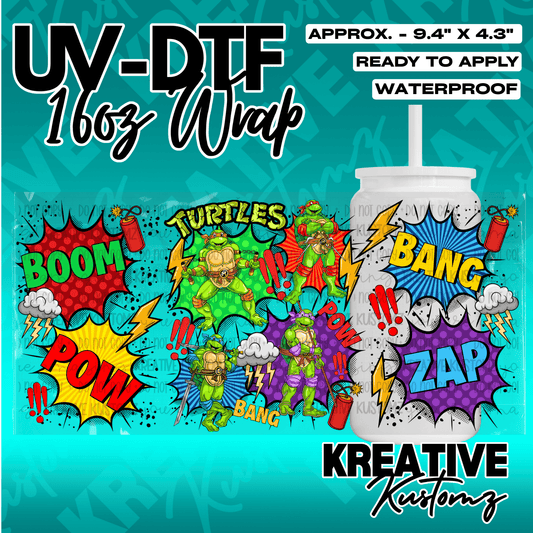 A Teenage Mutant Ninja Turtles themed UV DTF adhesive wrap for a 16oz glass cup.