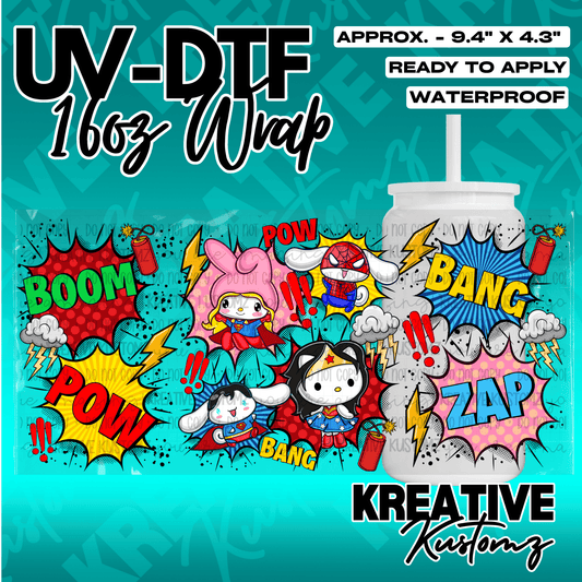 A 16oz UV DTF cup wrap featuring a colorful comic book theme with superhero characters.