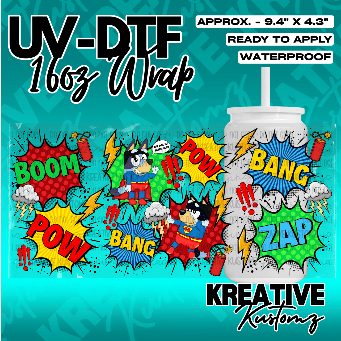 A comic book style UV DTF cup wrap featuring superhero characters and sound effects.
