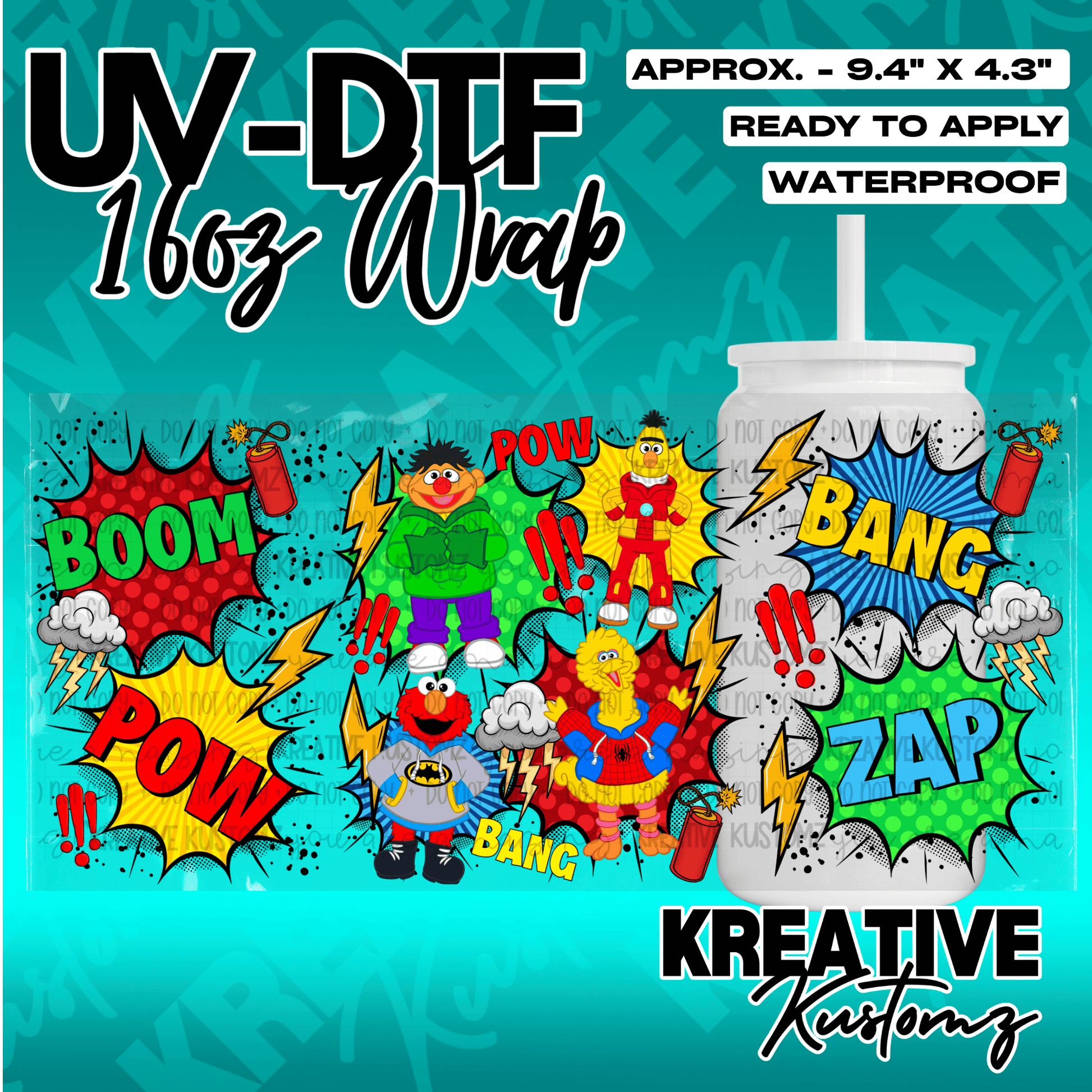 A vibrant UV DTF adhesive wrap for 16oz glass cans featuring Sesame Street characters in superhero costumes.