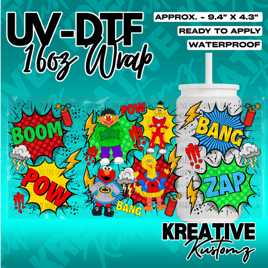 A vibrant UV DTF adhesive wrap for 16oz glass cans featuring Sesame Street characters in superhero costumes.