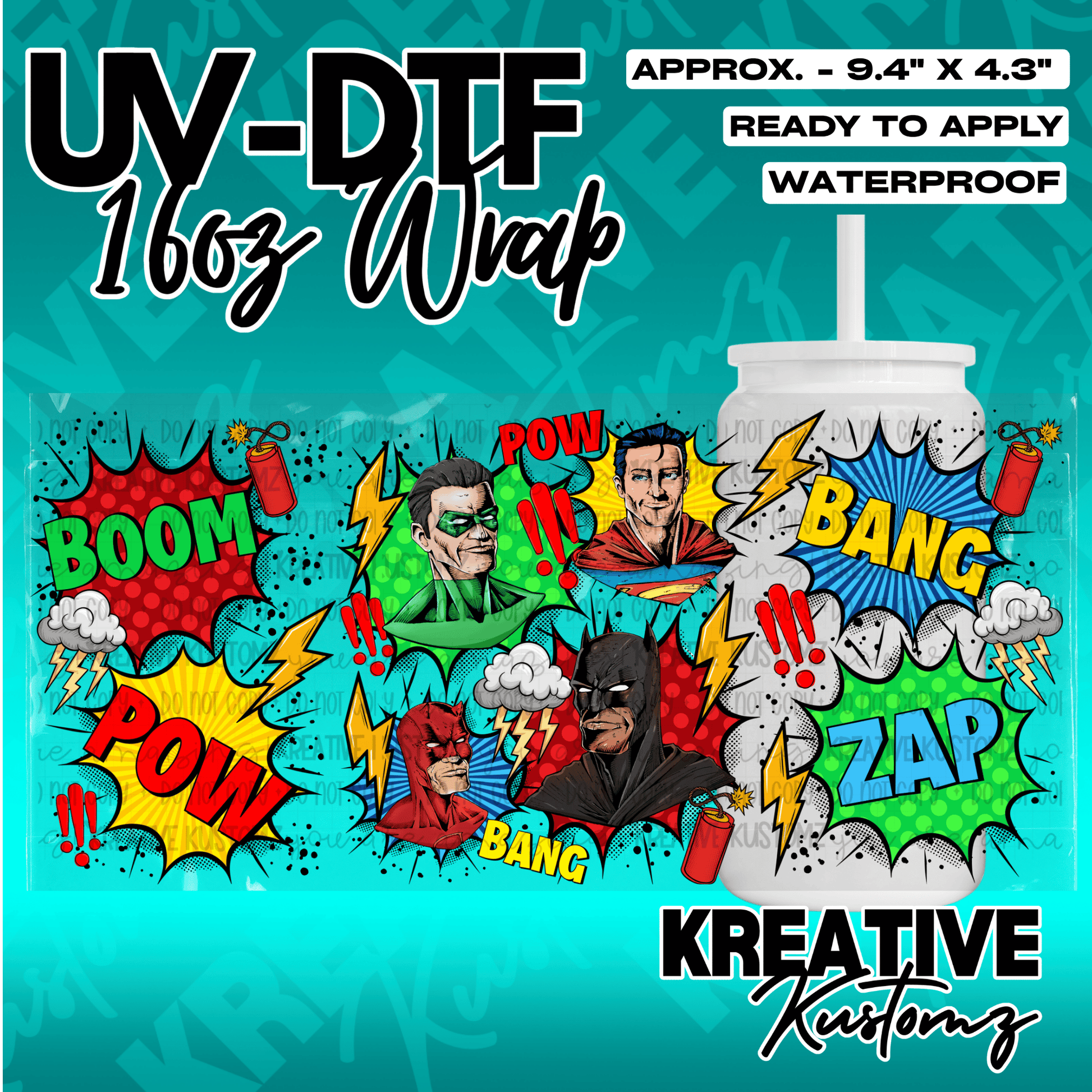 A comic book themed UV DTF adhesive wrap for a 16oz glass cup featuring superhero illustrations.